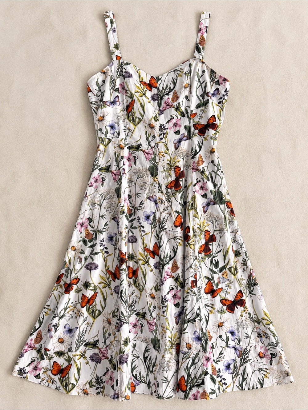 Avec Les Filles White Floral Midi Dress with Orange Butterfly Print